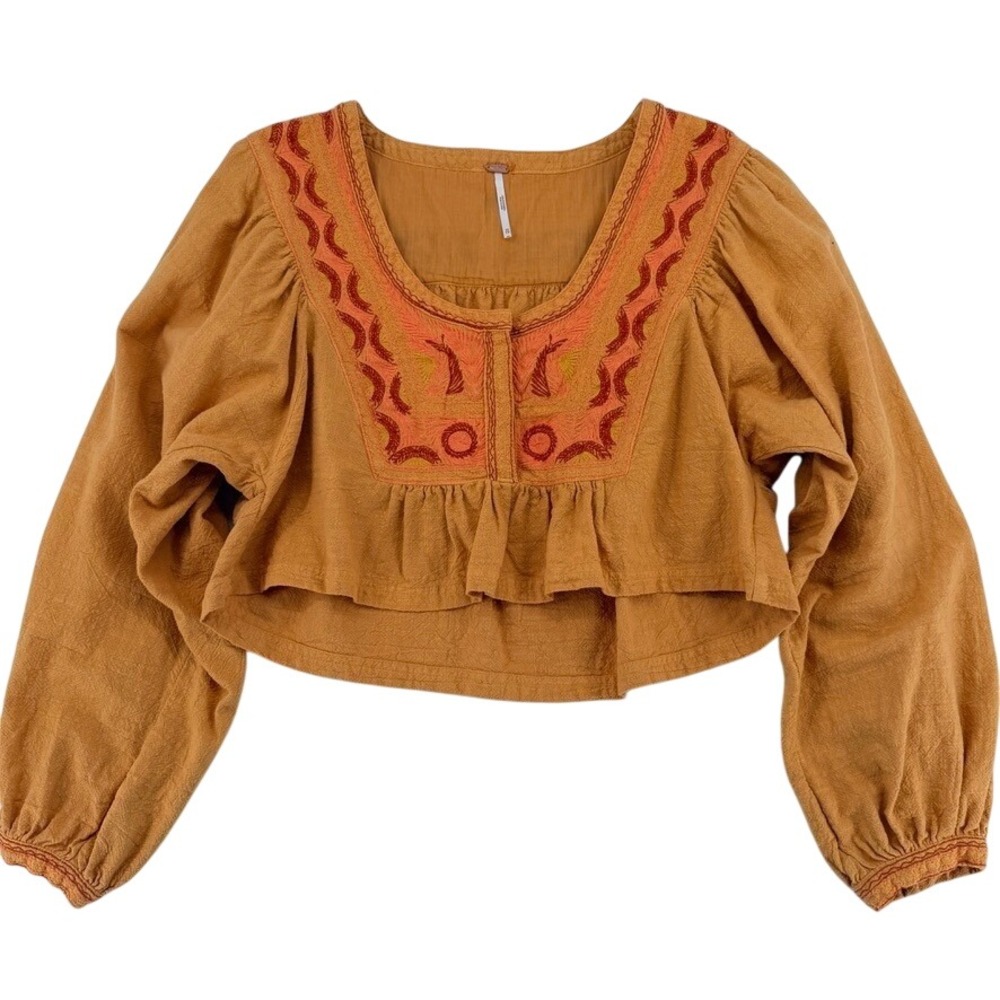 Free People Embroidered Boho Crop Top Mustard XS